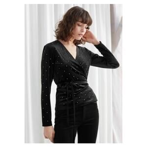 & Other Stories Rhinestone Velvet Wrap Blouse 6 Black